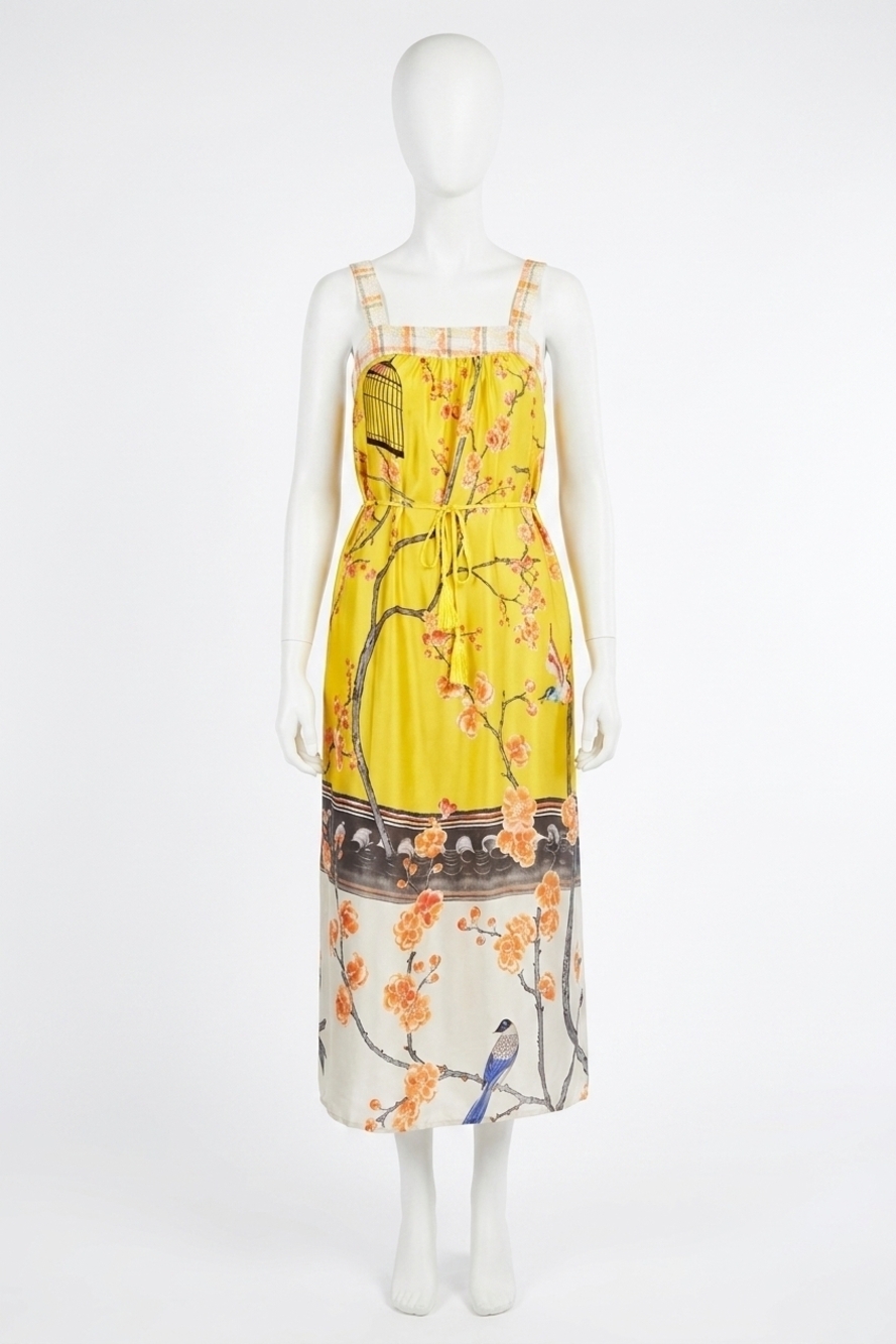 NEW PAPARAZZI bird & floral printed charmeuse maxi dress in yellow